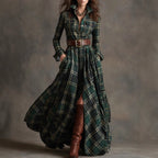 Ins Plaid Print Long-Sleeved Dress Fashion Pockets Collared Buttons Shirt Long Dresses Retro Women's Clothing