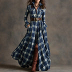 Ins Plaid Print Long-Sleeved Dress Fashion Pockets Collared Buttons Shirt Long Dresses Retro Women's Clothing